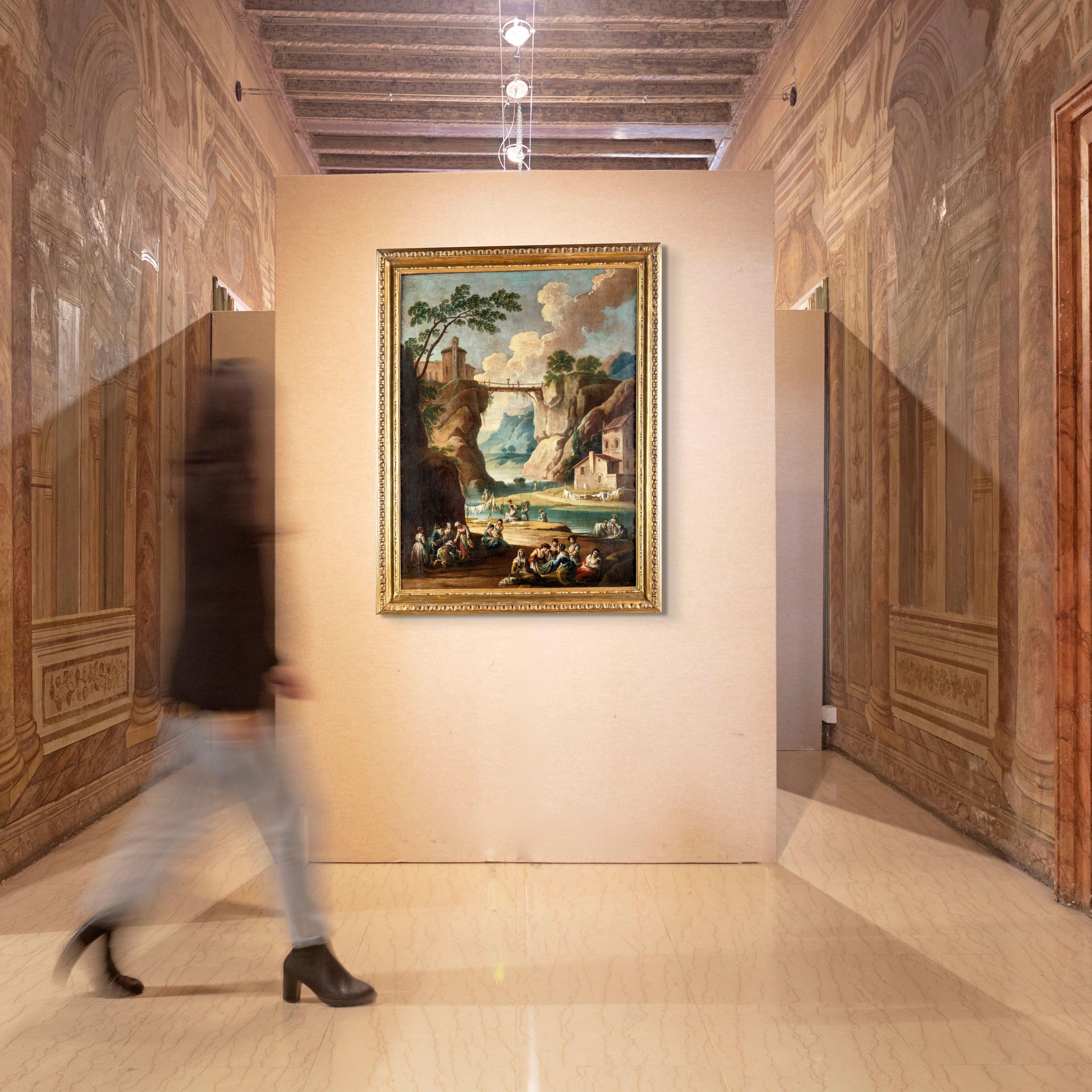 Francesco Simonini - Coppia di paesaggi fluviali con figure, olio su tela