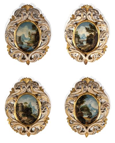 Serie di quattro paesaggi ovali, olio su tela riportati su legno
