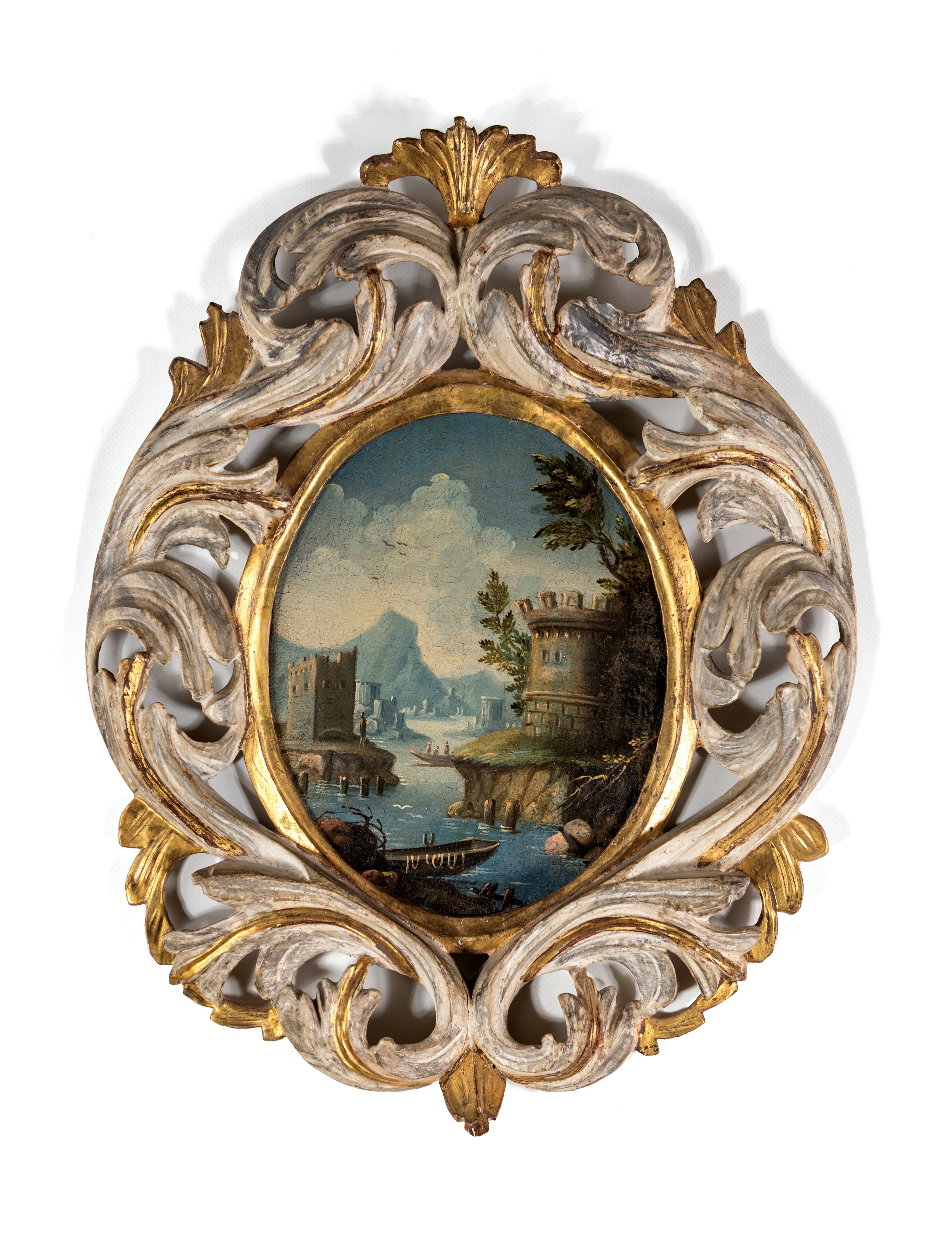 Scuola Emiliana del XVIII Secolo - Serie di quattro paesaggi ovali, olio su tela riportati su leg...