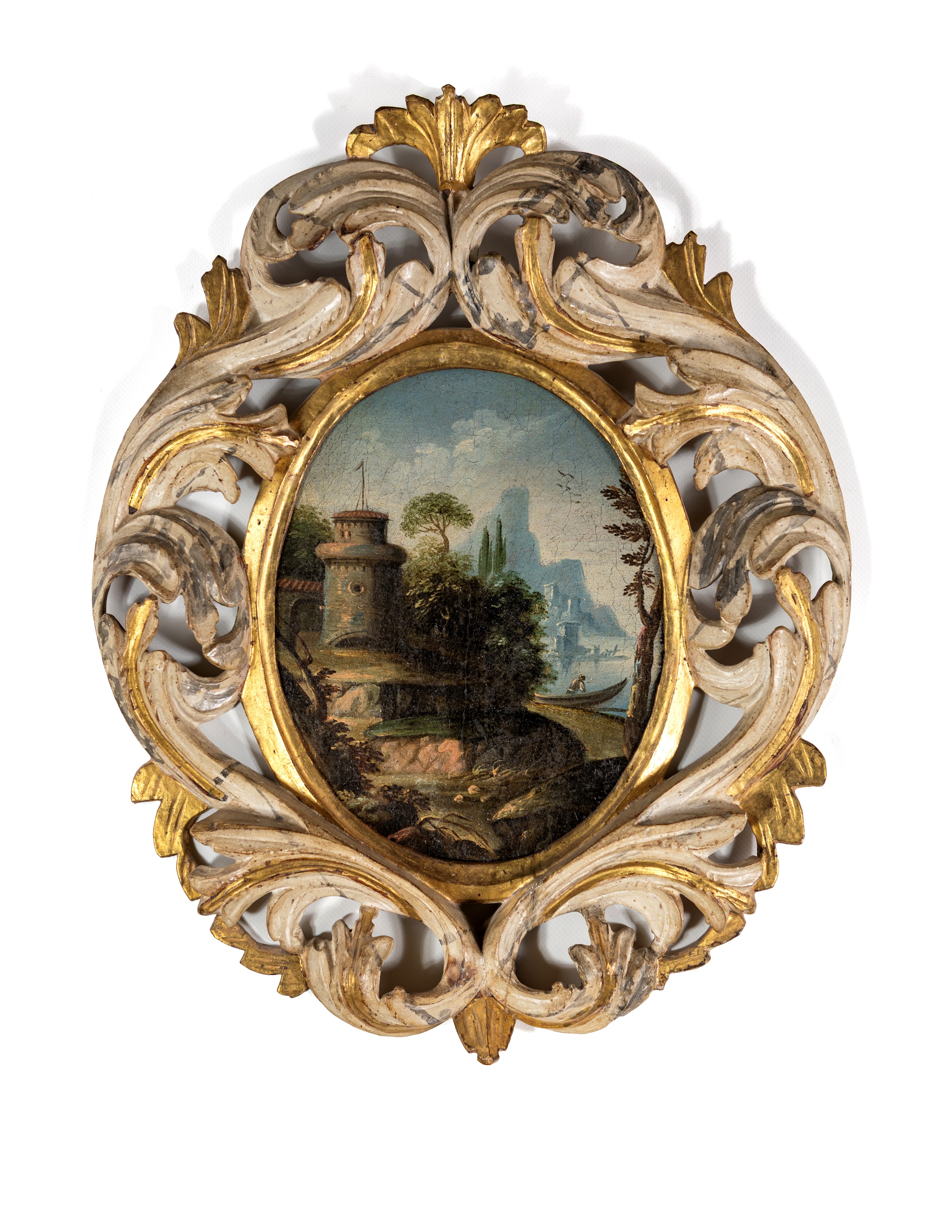 Scuola Emiliana del XVIII Secolo - Serie di quattro paesaggi ovali, olio su tela riportati su leg...