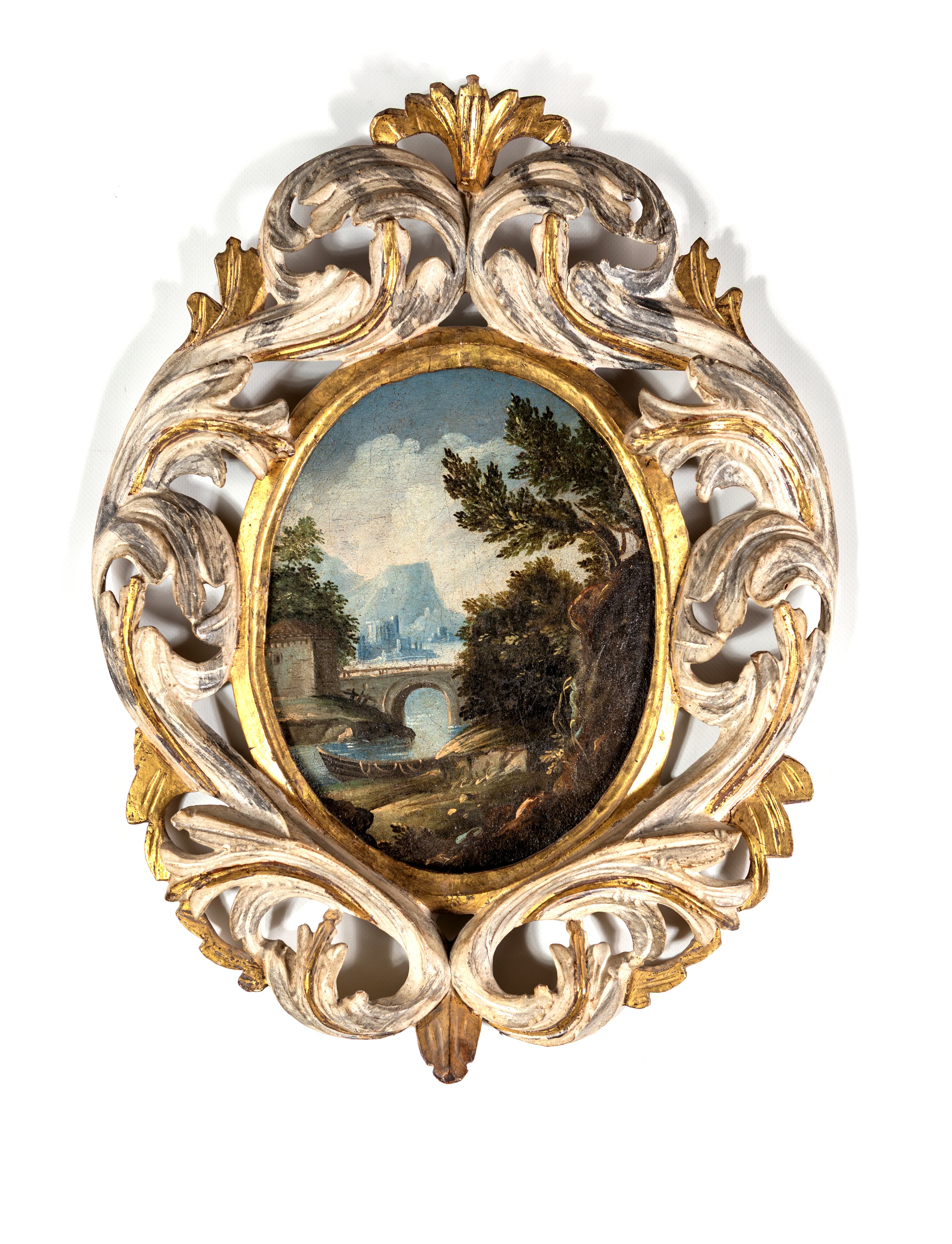 Scuola Emiliana del XVIII Secolo - Serie di quattro paesaggi ovali, olio su tela riportati su leg...