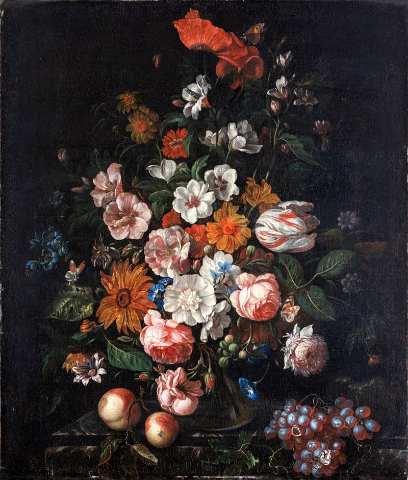 Pieter Hardimé - Natura morta di fiori in un vaso di vetro, olio su tela