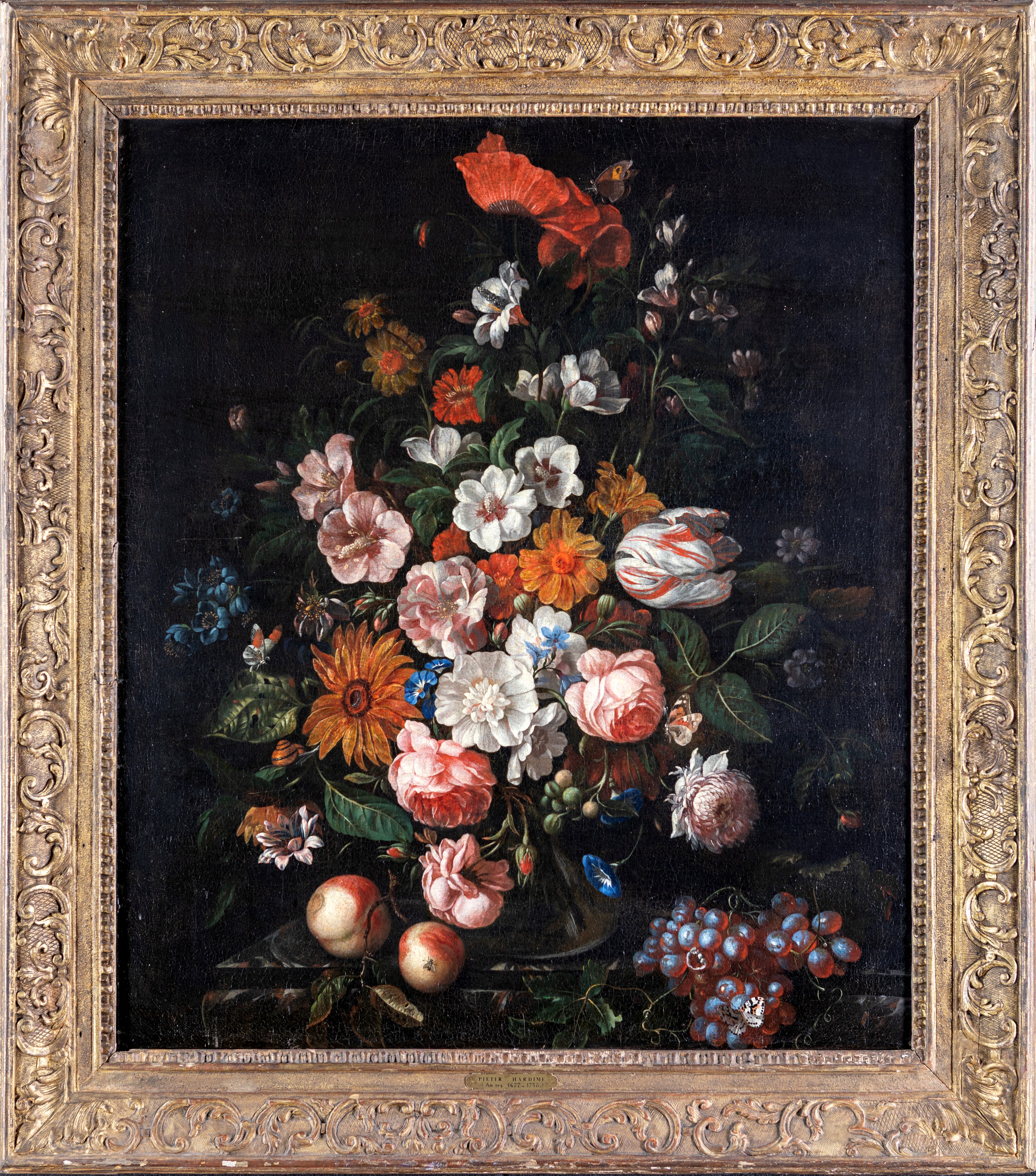 Pieter Hardimé - Natura morta di fiori in un vaso di vetro, olio su tela
