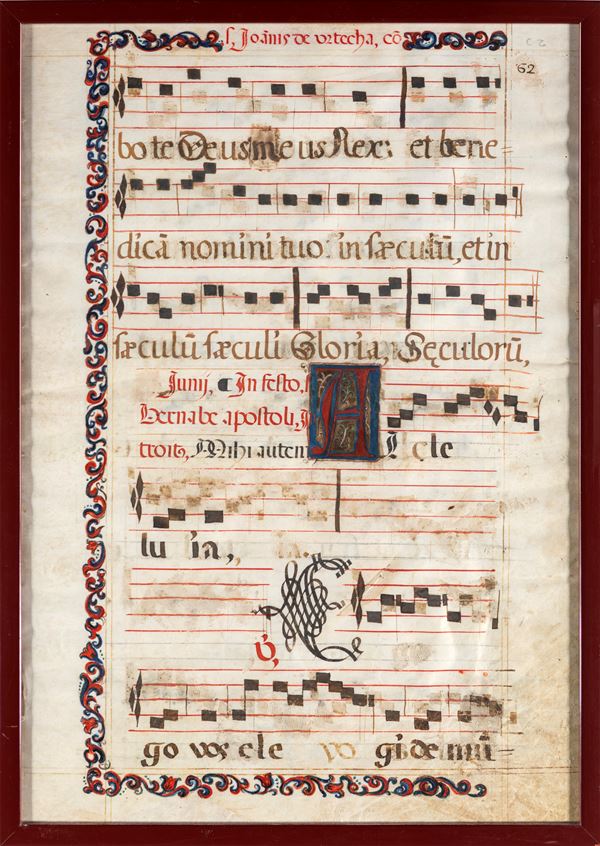 Foglio di antifonario in pergamena con iniziale rubricata