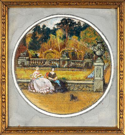 J. B. Corbon (?), Due dame in villa, tecnica mista su cartone, 1924