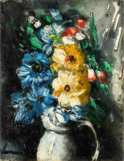 Bouquet de fleurs au pichet blanc, olio su tela