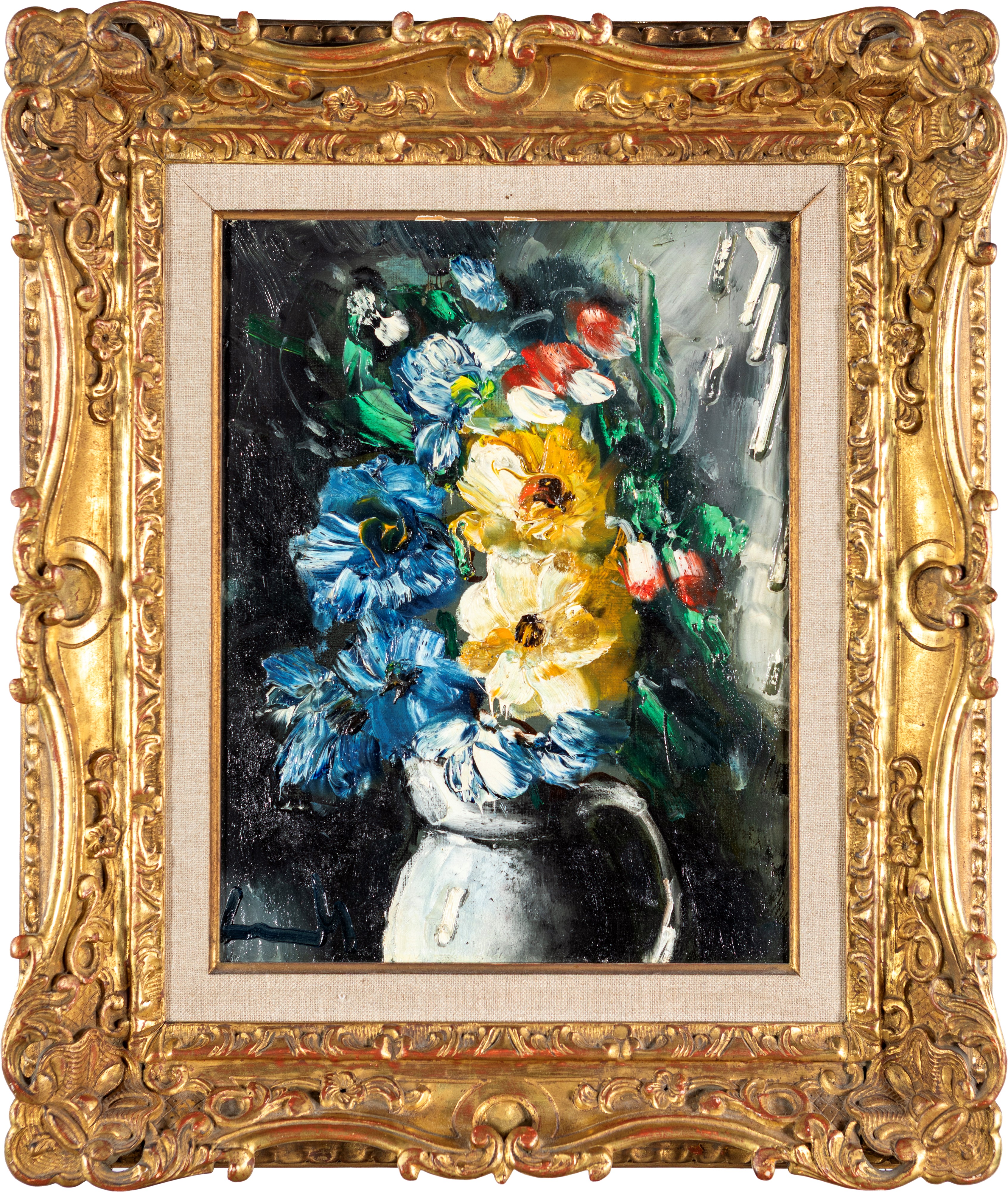 Maurice De Vlaminck - Bouquet de fleurs au pichet blanc, olio su tela
