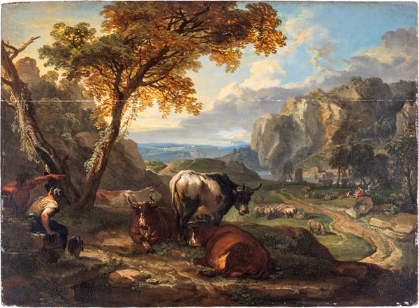 Paesaggio di campagna con figure e armenti