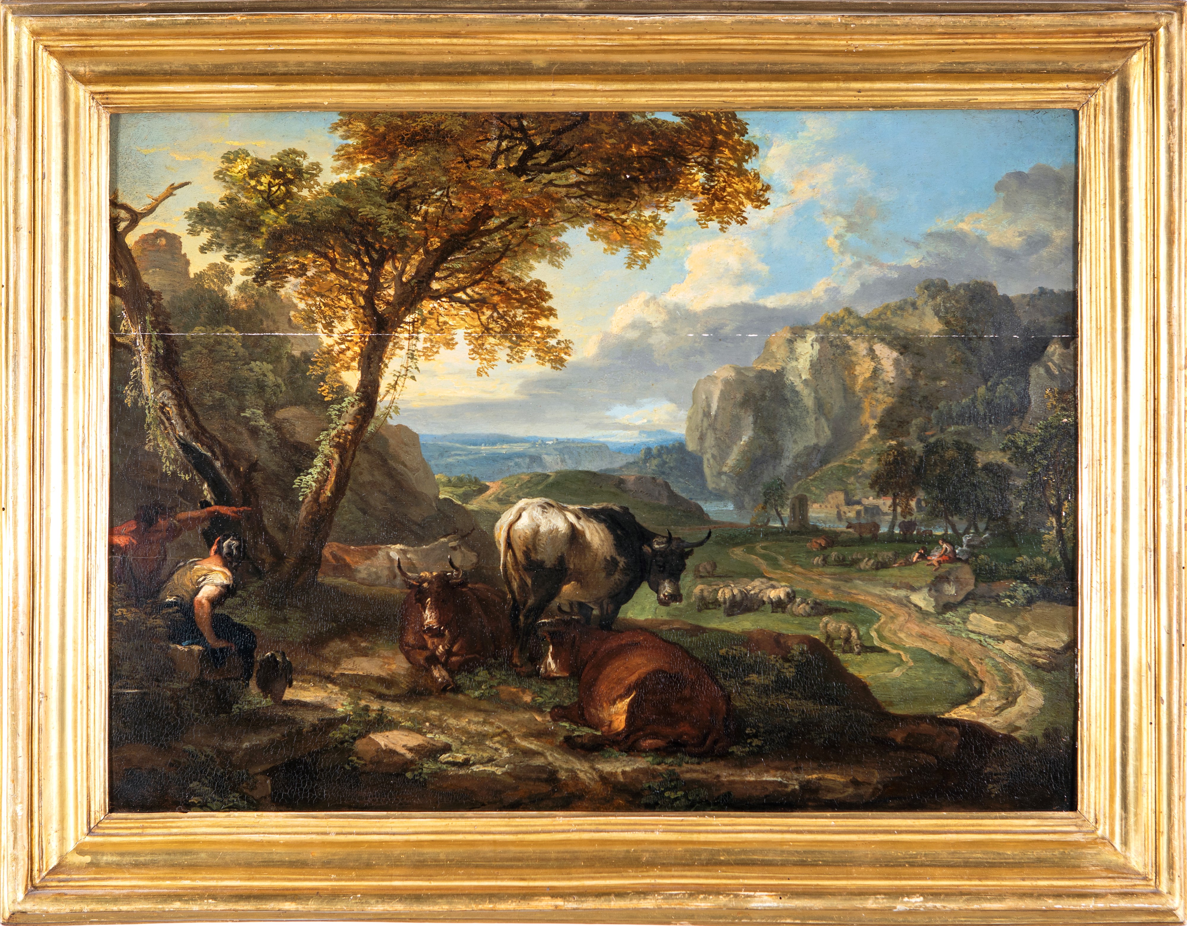 Paesaggio di campagna con figure e armenti