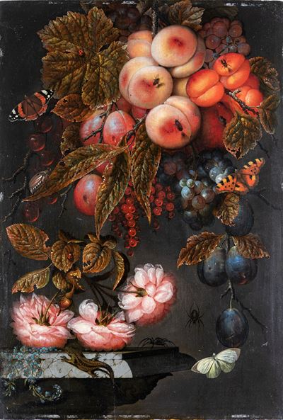 Natura morta con fiori, frutta e insetti, olio su tavola