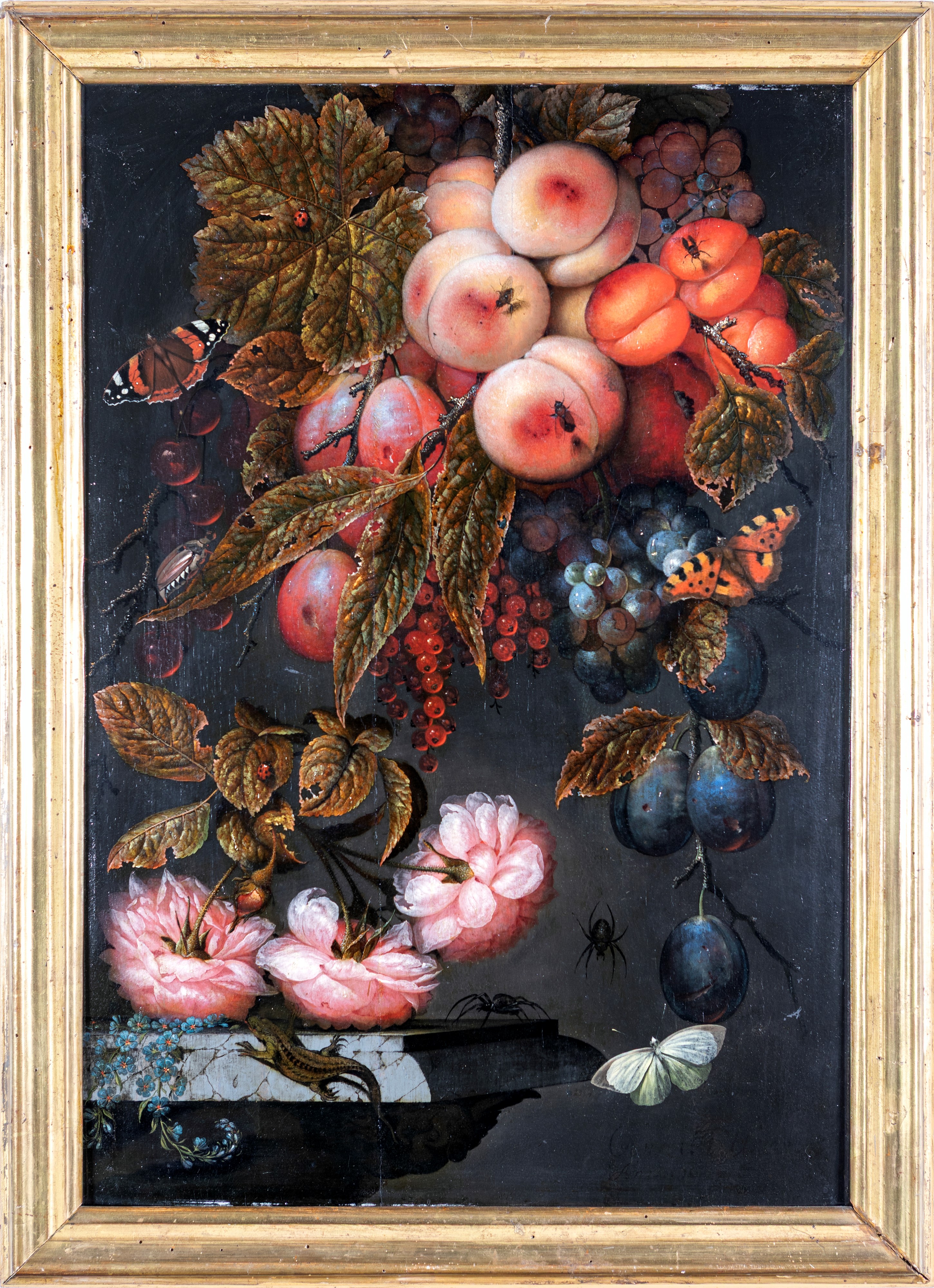Ottmar Elliger - Natura morta con fiori, frutta e insetti, olio su tavola