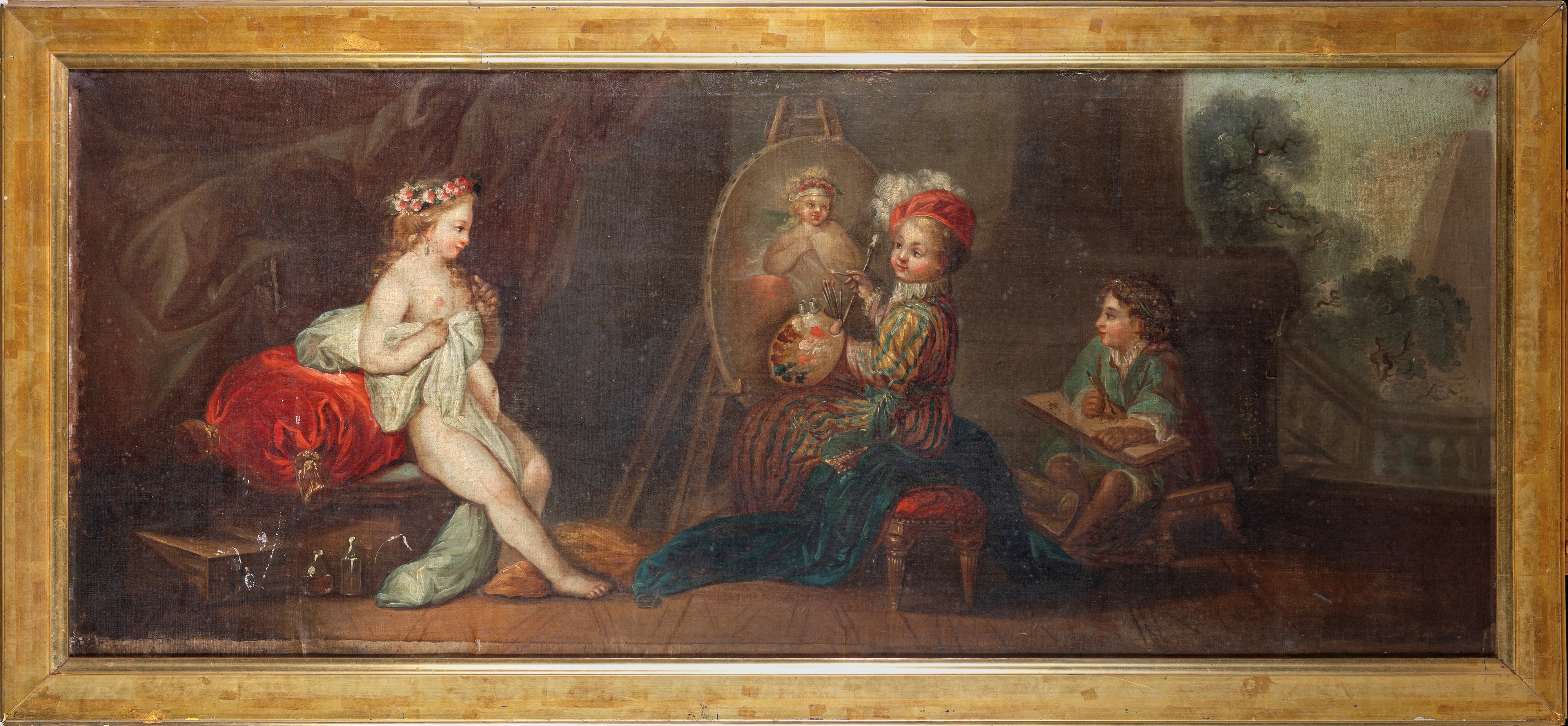 Scuola Italiana del XVIII Secolo - Interno con giovane pittore, allievo e modella, olio su tela r...
