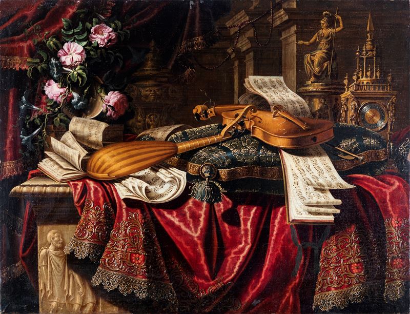 Carlo Manieri - Natura morta con strumenti musicali, olio su tela