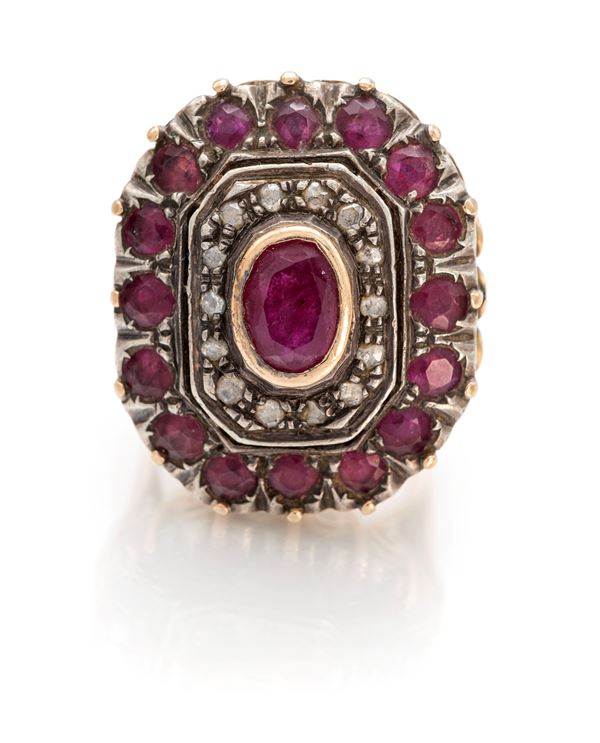 Anello oro, argento, diamanti e rubini