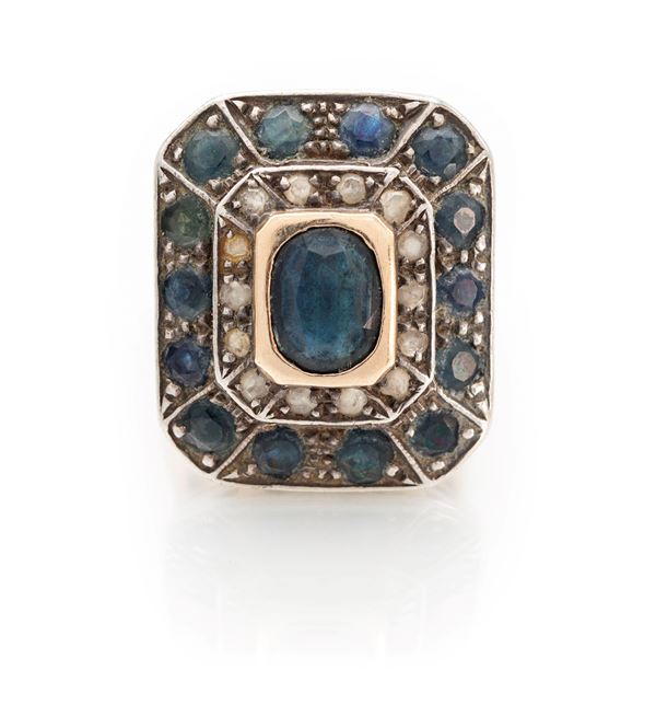 Anello oro, argento, diamanti e zaffiri