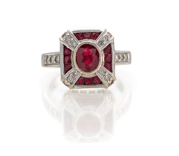 Anello in oro, rubini e brillanti