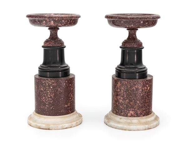 Coppia di vaschette in porfido e marmo nero, XX secolo