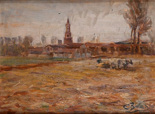 Campi con paese in lontananza