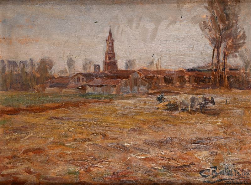 Campi con paese in lontananza