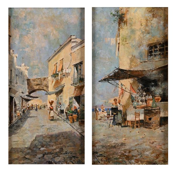 Due vedute cittadine con scene di vita