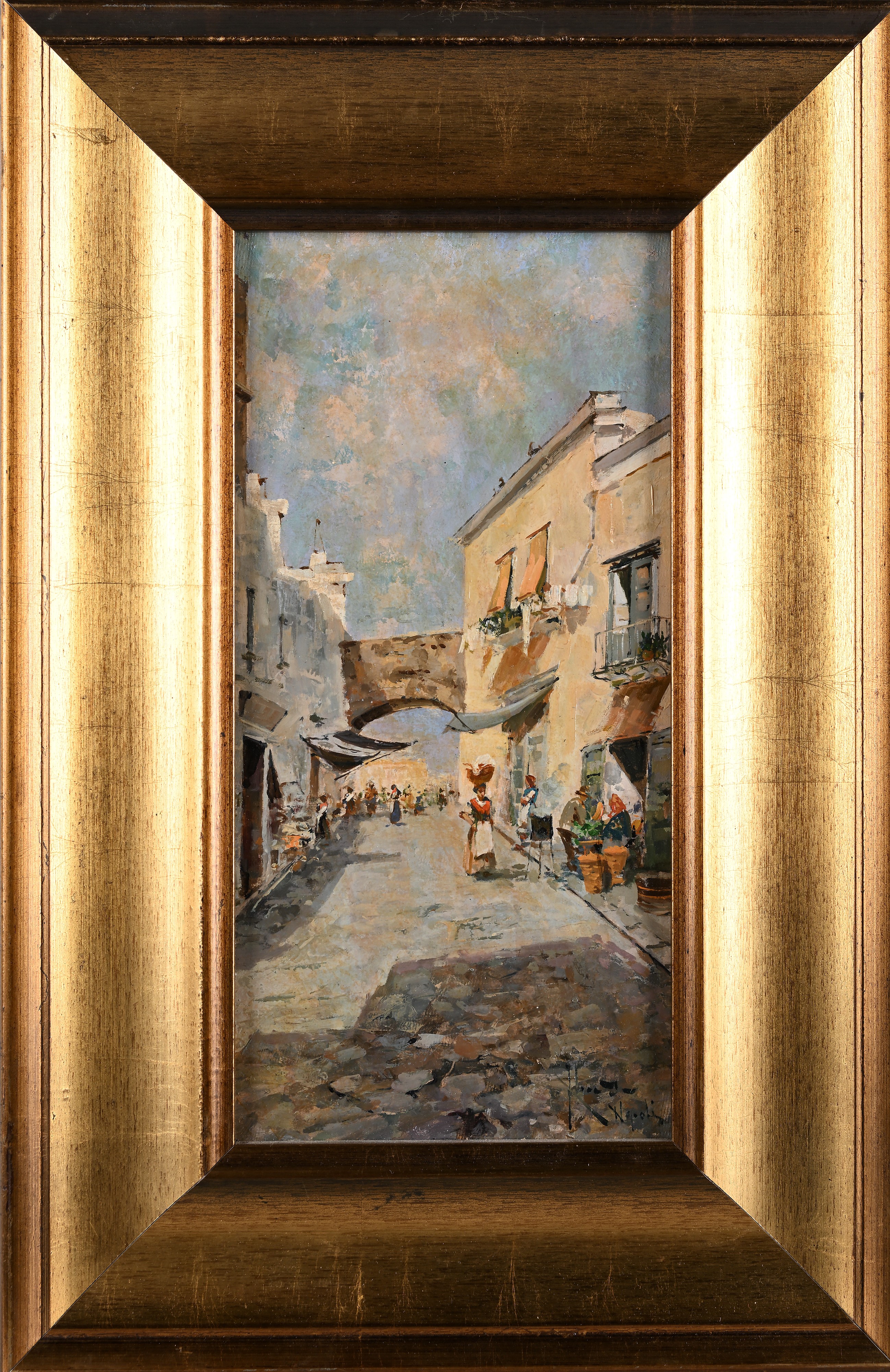 Due vedute cittadine con scene di vita