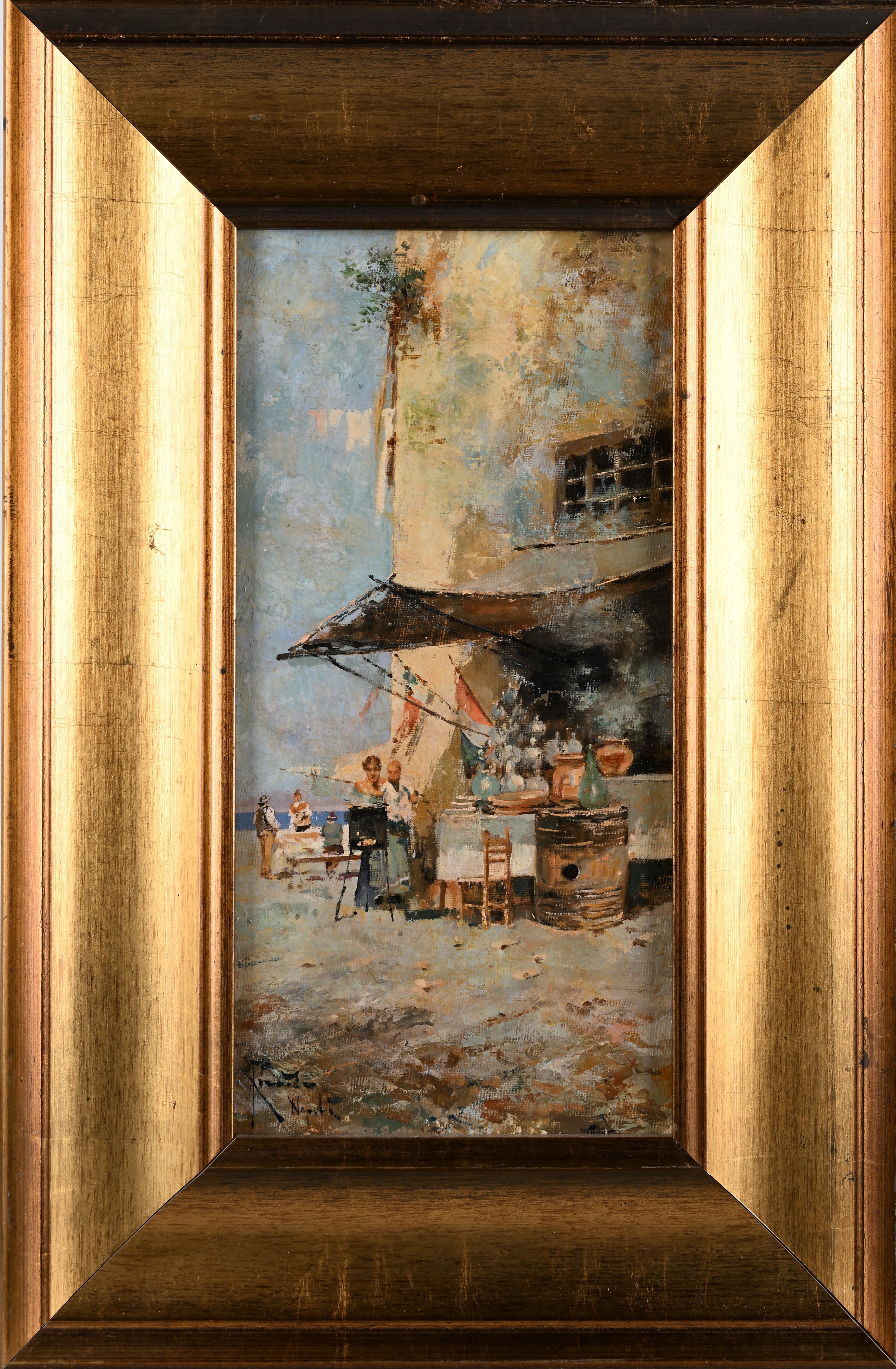 Due vedute cittadine con scene di vita