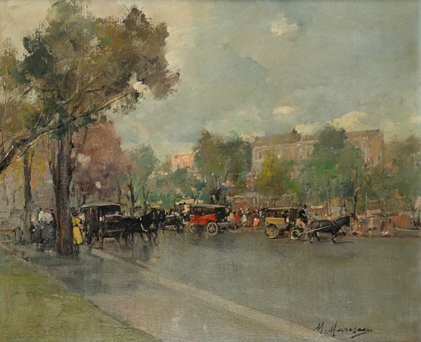 Veduta cittadina con carrozze in strada