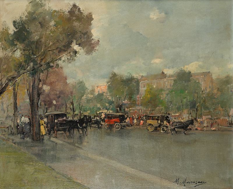 Veduta cittadina con carrozze in strada