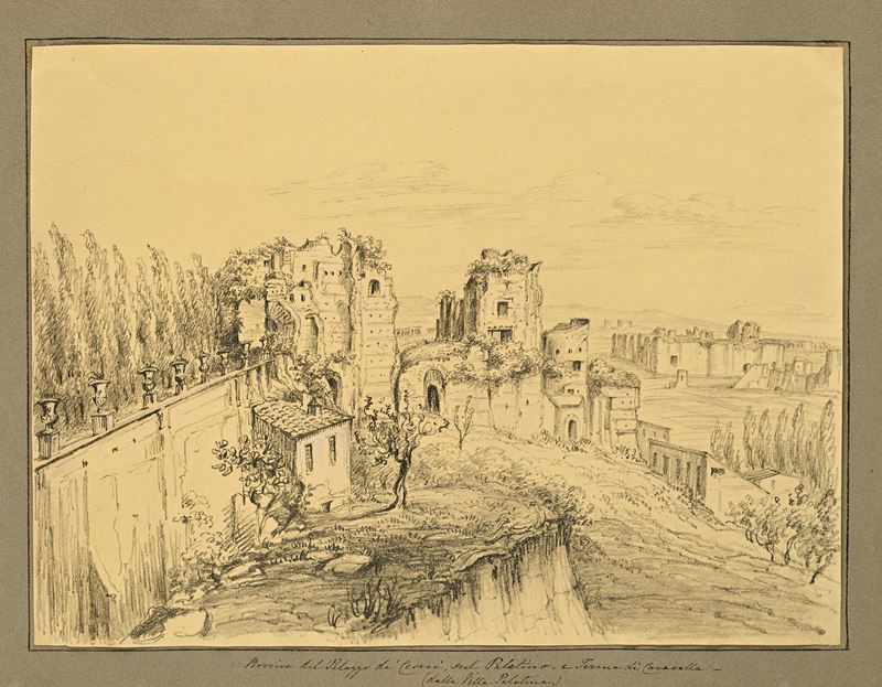 Scuola Romana del XIX Secolo - Rovine del Palazzo dei Cesari nel Palatino e Terme di Caracalla (d...