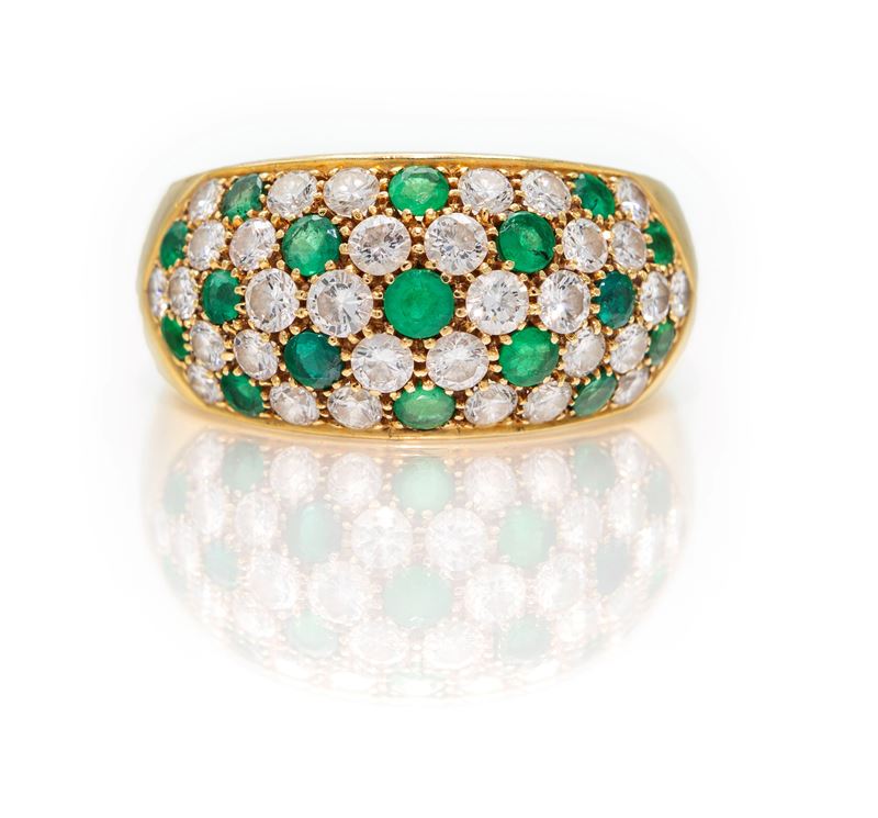 Anello a Fascia in Oro, Brillanti e Smeraldi