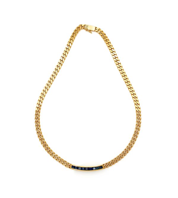 Girocollo a maglia groumette in oro, brillanti e zaffiri