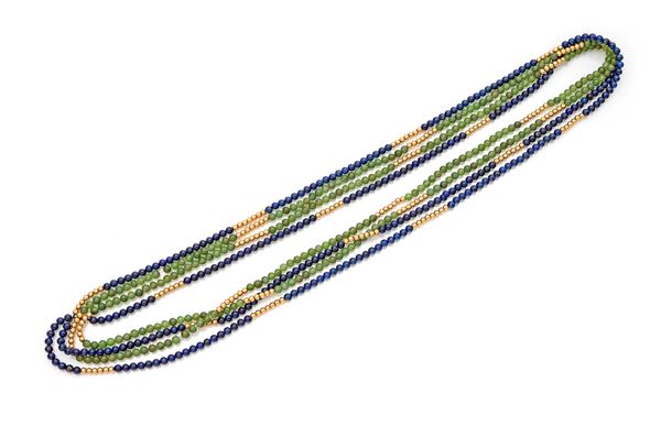Coppia di lunghe collane a laccio in lapislazzuli e giade 
