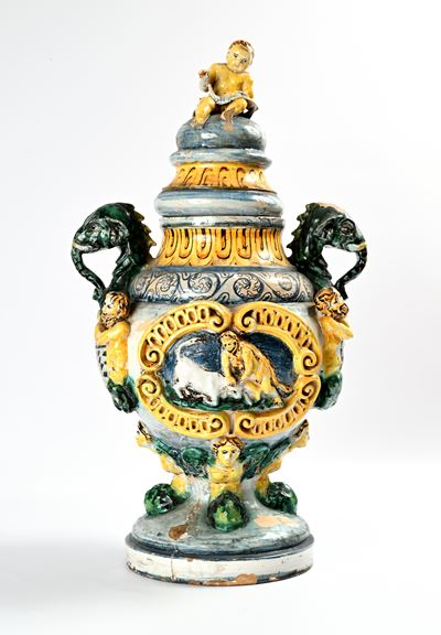 Vaso in Maiolica Policroma con Coperchio, Napoli, XIX Secolo