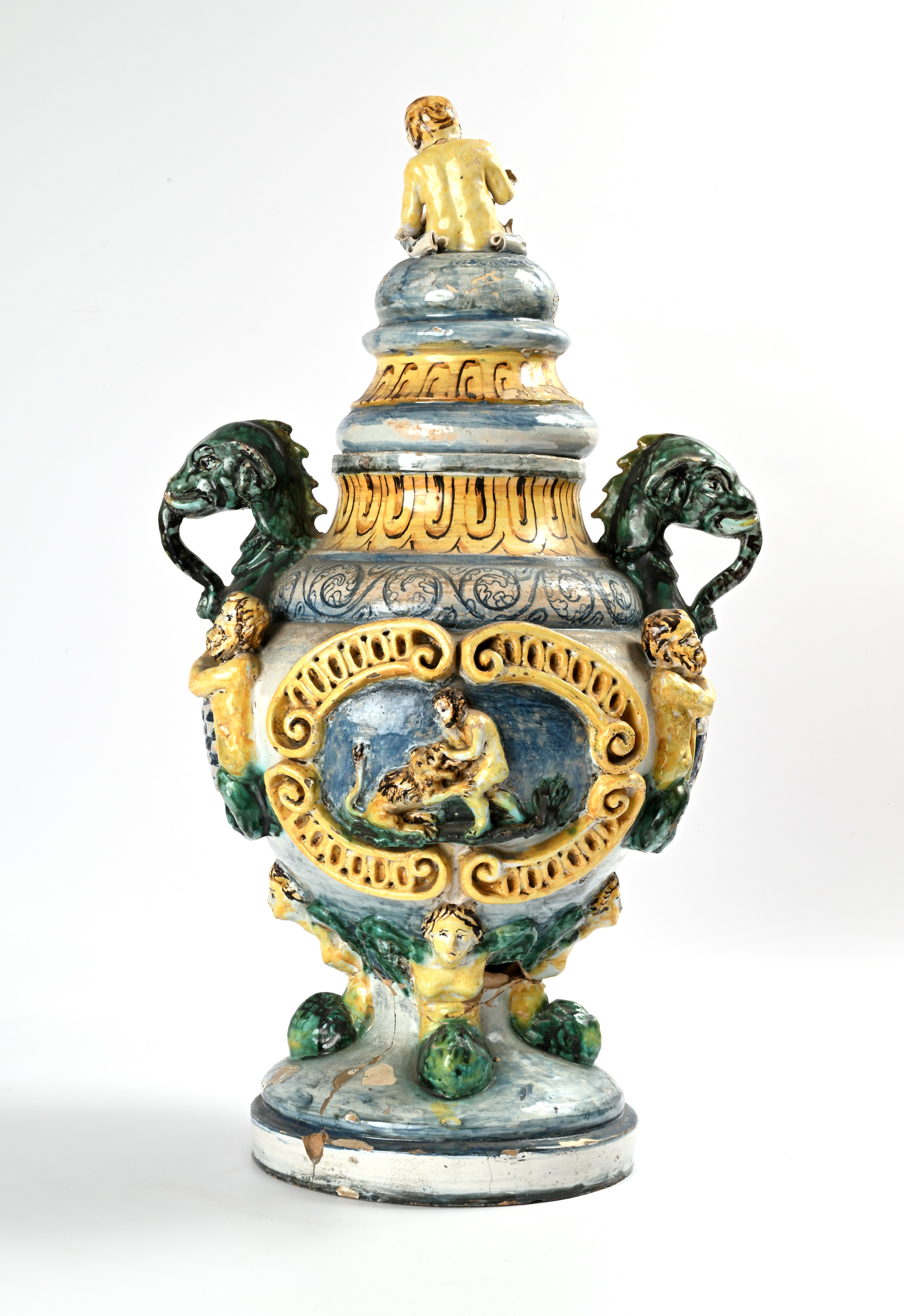 Vaso in Maiolica Policroma con Coperchio, Napoli, XIX Secolo