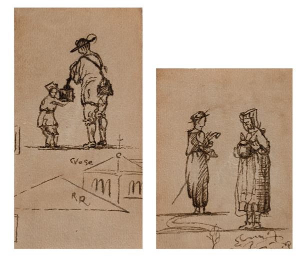 Scuola Italiana del XIX secolo : Coppia di studi di figure  - china su carta - Asta Works on paper dal XVI al XIX secolo - Casa d'Aste Arcadia