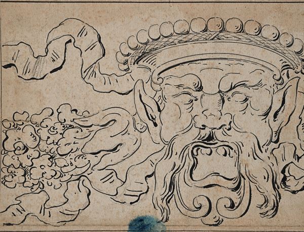 Scuola Italiana del XIX secolo : Studio di grottesca  - Pietra nera e inchiostro su carta - Asta Works on paper dal XVI al XIX secolo - Casa d'Aste Arcadia
