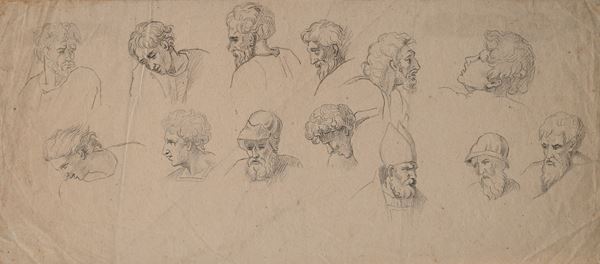 Scuola Italiana del XIX secolo : Studi di teste  - Matita su carta - Asta Works on paper dal XVI al XIX secolo - Casa d'Aste Arcadia