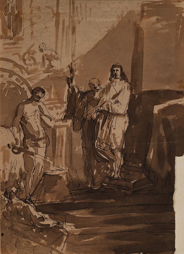 Scuola italiana del XVIII secolo : Studio di martirio  - China e inchiostro bruno acquerellato su carta - Asta Works on paper dal XVI al XIX secolo - Casa d'Aste Arcadia