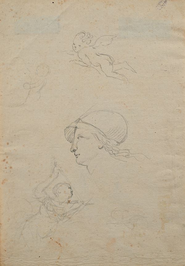 Recto: Studio di testa di Minerva, putto e figura femminile - Verso: Schizzo con Banchetto di Cleopat [..]