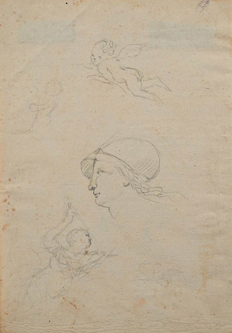 Recto: Studio di testa di Minerva, putto e figura femminile - Verso: Schizzo con Banchetto di Cle...