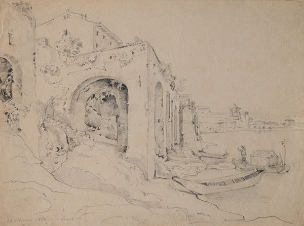 Studio di paesaggio fluviale con ruderi