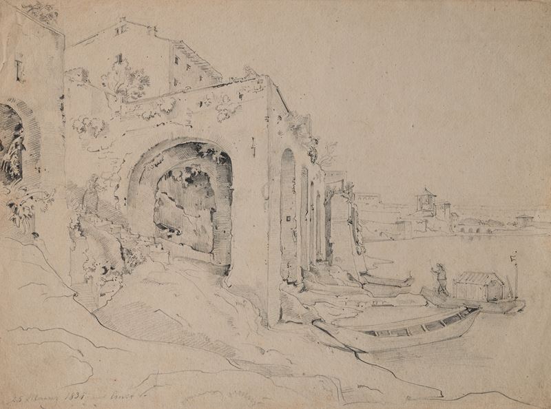 Scuola Tedesca del XIX Secolo - Studio di Paesaggio Fluviale con Ruderi