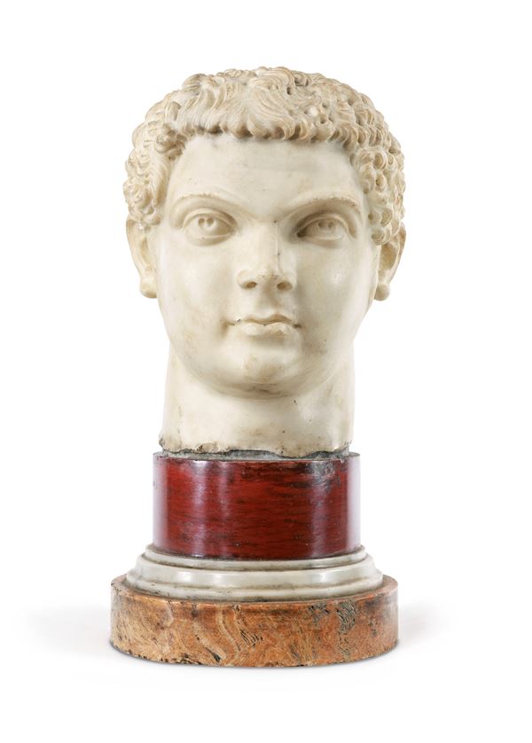 Testa in marmo bianco raffigurante l'imperatore romano Geta