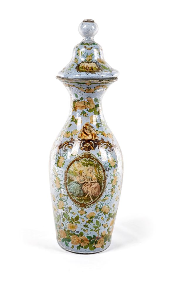 Vaso in vetro con coperchio decorato ad arte povera, Piemonte, XVIII secolo
