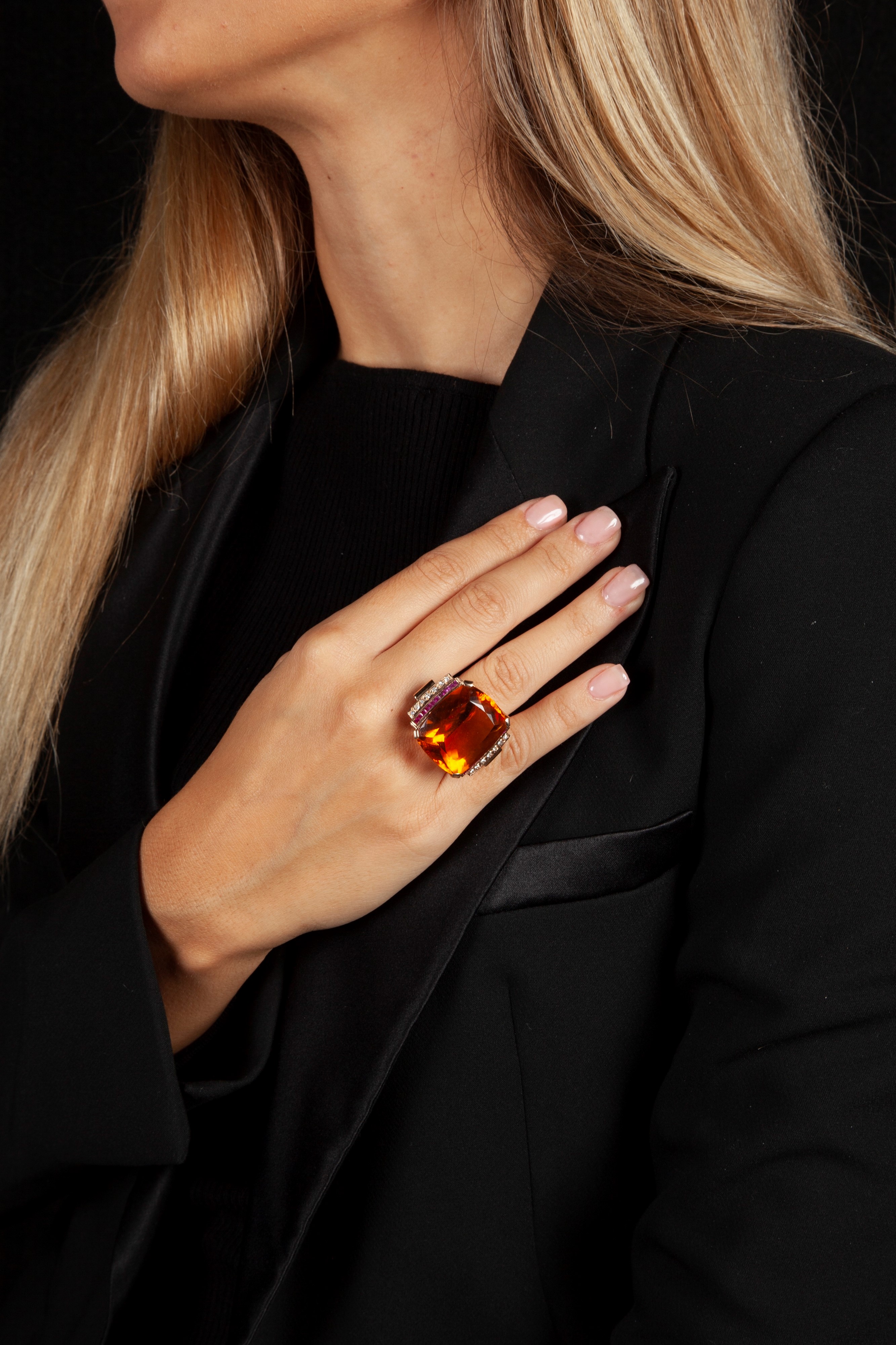Anello in Oro Rosa, Quarzo Citrino, Diamanti e Rubini