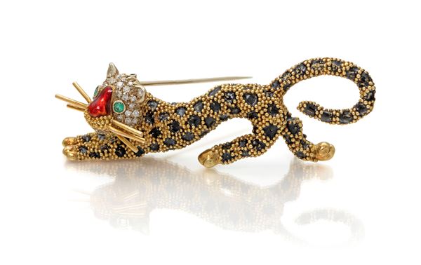 Frascarolo, spilla in oro, smalto, diamanti e smeraldi