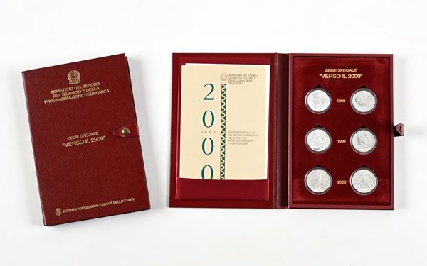 2 Confezioni della Serie Speciale di monete "Verso il 2000": dittico 2.000 Lire del 1998, dittico 5.000 Lire del 1999 e dittico 10.000 Lire del 2000 Repubblica Italiana