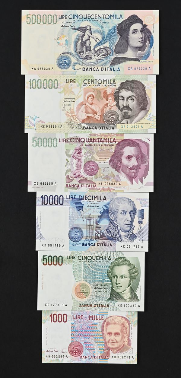 Banconote Fior di Stampa della Serie X sostitutiva: 500.000 Lire Raffaello; 100.000 Caravaggio; 50.000 Bernini; 10.000 Volta; 5.000 Bellini; 1.000 Montessori