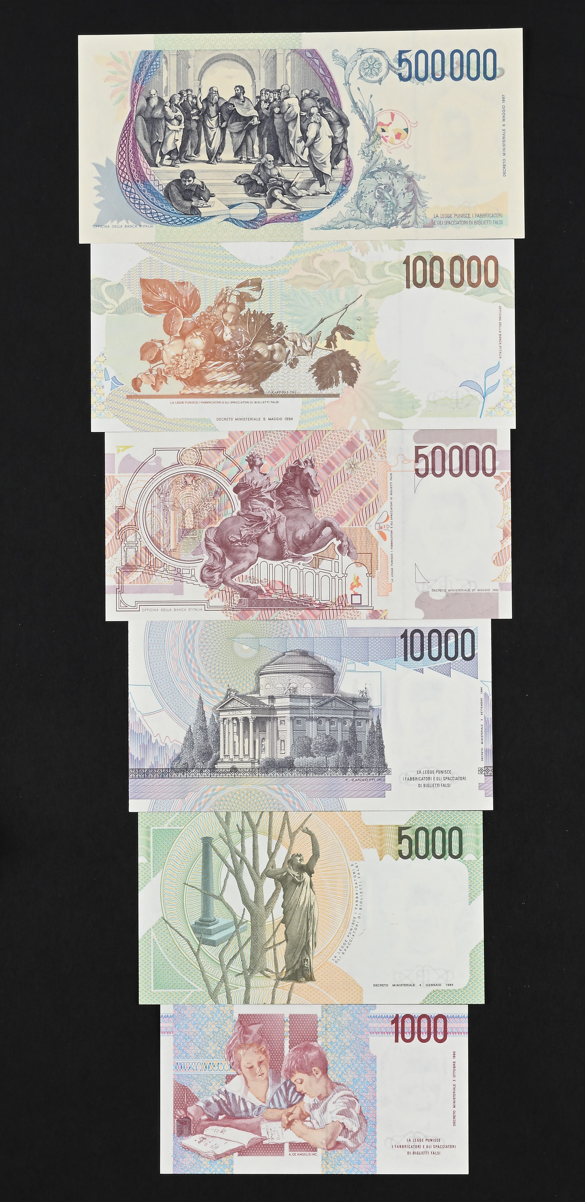 Banconote Fior di Stampa della Serie X Sostitutiva: 500.000 Lire Raffaello; 100.000 Caravaggio; 5...