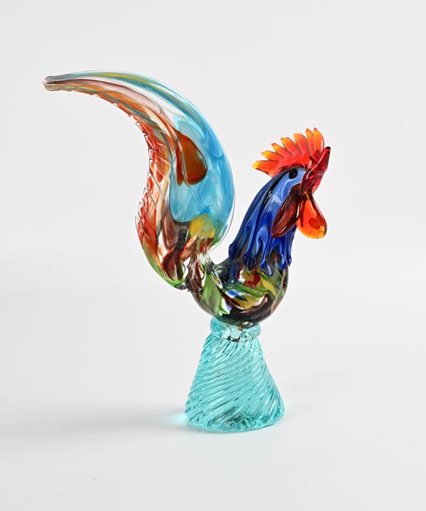 Scultura in vetro di Murano policromo raffigurante un Gallo